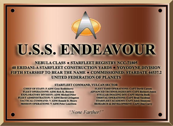 The commissioning dedication plaque of the Nebula-class explorer USS Endeavour NCC-71805